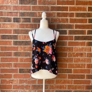 Mudd Black Floral Strappy Back Cropped Tank Top, Junior's Size Large